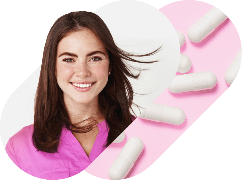 Smiling young woman surrounded with pills